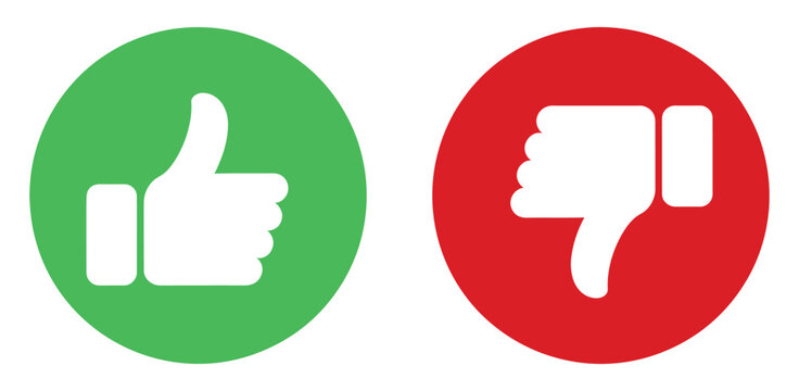 Thumbs Up and Thumbs Down Icon Set Featuring Green Circle Like and Red Circle Dislike Hand Gestures Representing Approval and Disapproval Positive and Negative Feedback Rating Vote Satisfaction Vector