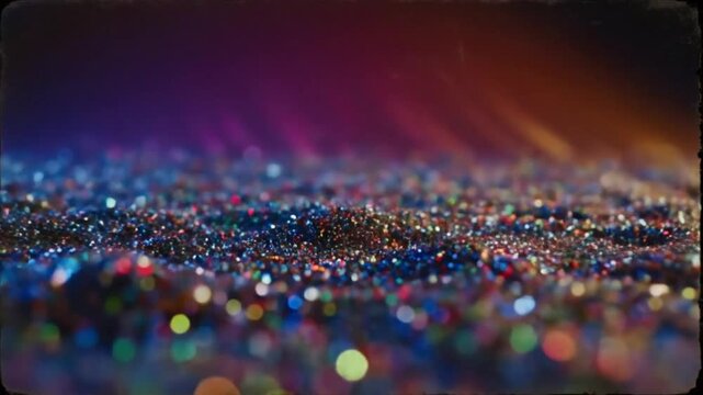 Mesmerizing close-up shot of colorful glitter particles reflecting light with a dark and vibrant background