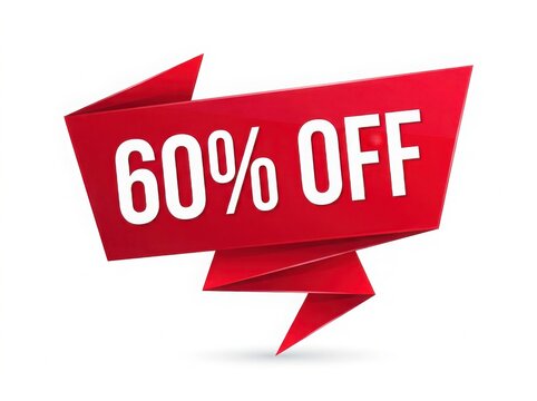 A red origami style banner with 60 percent off text isolated on white background