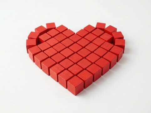 A heart shape made of small red wooden cubes isolated on white background