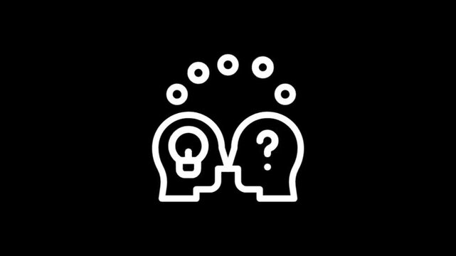 Animated icons of two heads with lightbulbs and question marks symbolizing ideas