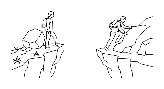 Line drawing depicts a hiker near a rocky cliff edge