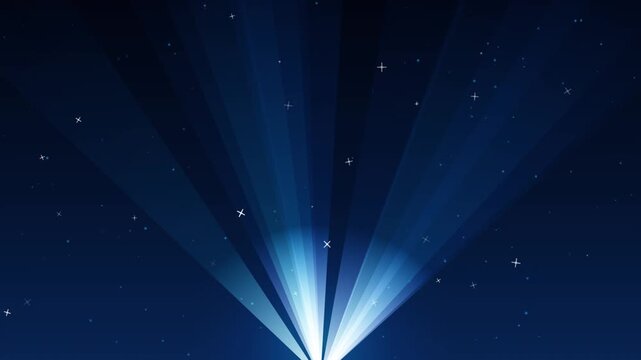 Abstract dark blue background with radiating light beams and sparkling stars, magical rays emanating from bottom, elegant festive digital backdrop