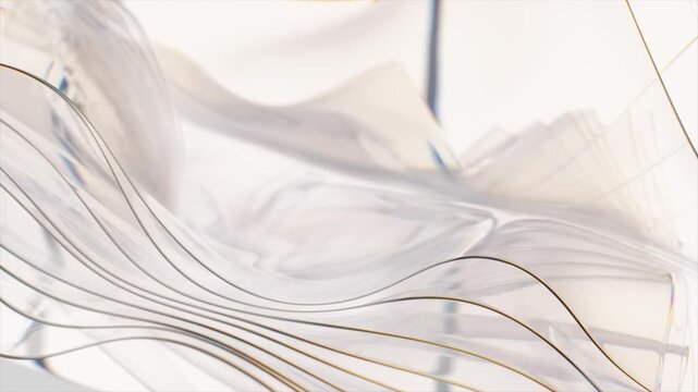 Abstract liquid motion featuring flowing translucent sheets with thin golden lines moving gracefully against bright clean studio background for elegant visual art.