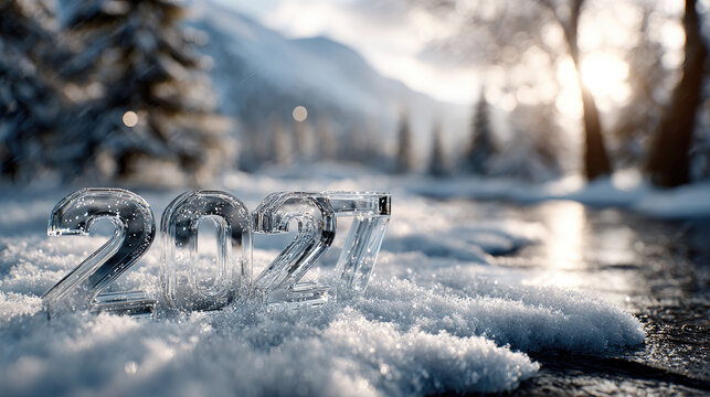 Ice-carved 2027 numeral rests in fresh glistening snow on a cold winter morning, symbolizing new beginnings, celebration and the serene sparkle of a sunlit forest landscape
