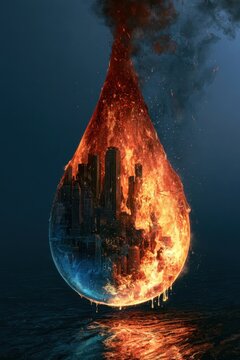 Conceptual art of a city trapped inside a burning water drop collapsing falling into ocean symbol of climate change global warming disaster fire apocalypse environmental crisis abstract representation