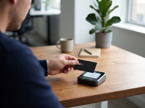 Close-up of a customer using a black contactless credit card to pay via a wireless NFC card reader terminal placed on a modern wooden desk in an office setting.