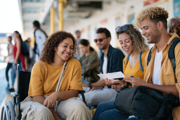 Fototapeta premium Young diverse friends with a wheelchair user waiting at a station for their journey