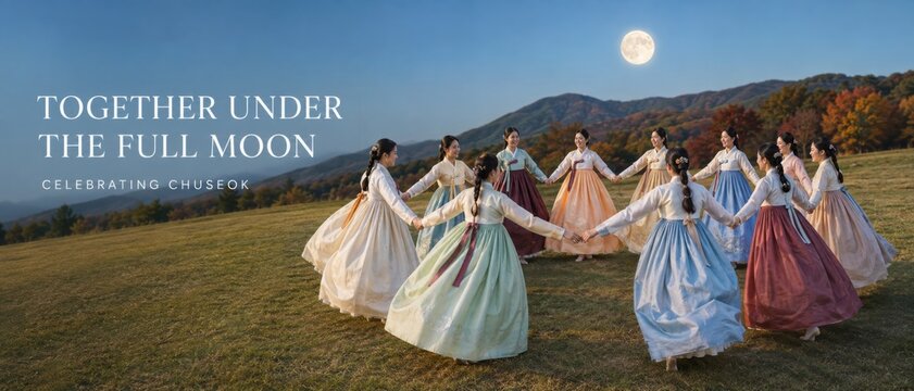 Chuseok celebration with women in traditional Korean hanbok outdoors under full moon