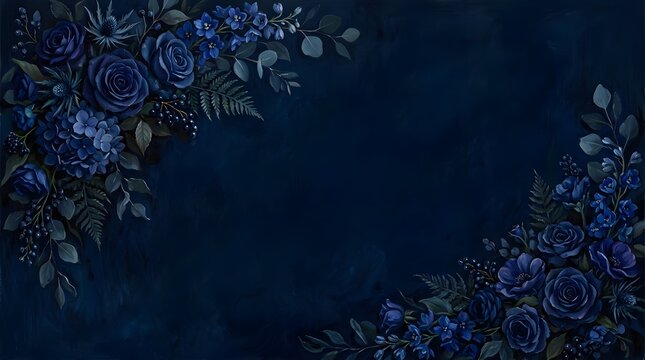 Dark blue background with floral corner accents and space for text