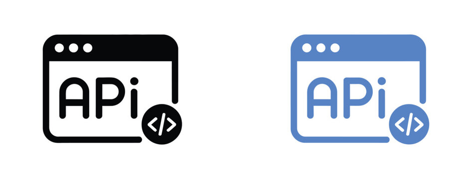 API browser window icon set featuring application programming interface symbols with code badges in black and blue modern vector design for software development.