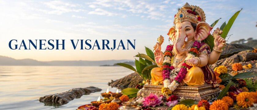 Ganesh Visarjan festival banner featuring decorated Ganesha idol, marigold flowers, offerings, and waterfront landscape, with English text Ganesh Visarjan and September 25 date for cultural event use