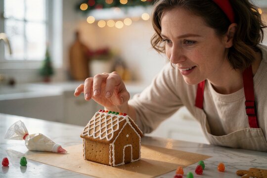Woman decorating a gingerbread house on a kitchen counter, focusing on the sweet holiday baking project with a warm expression.