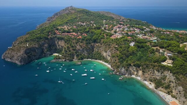 Palinuro Cilento Italy high altitude drone panorama Buondormire Bay Scoglio del Coniglio Marinella Beach coves vertical cliffs turquoise sea travel 4k cinematic video