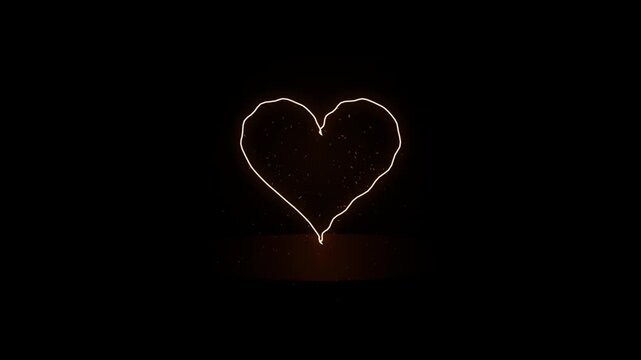 Glowing neon heart shape outline on a black background, romantic love symbol with floating embers, abstract light effect for valentines day or wedding