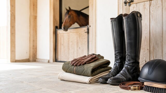 Horse riding equipment arranged in rustic stable, with tall leather boots, riding helmet, gloves, folded saddle pad, and horse visible in stall, conveying equestrian lifestyle and countryside sport