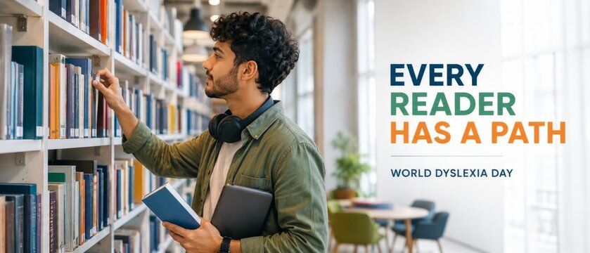 Young man selecting books in library beside English World Dyslexia Day message Every Reader Has Path, promoting reading accessibility, education, inclusion, awareness, and supportive learning