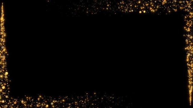 christmas and new year golden stars and bokeh lights sparkle glitters light trails border frame alpha channel loop 4k animation, shiny glowing gold particles wave motion design element