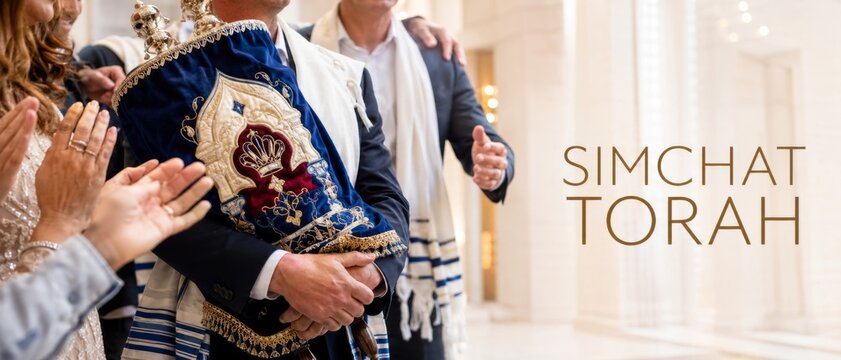 Simchat Torah celebration with Jewish man holding ornate Torah scroll, congregants applauding in synagogue, and English holiday text beside bright copy space for cultural greeting or event design
