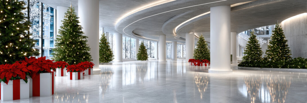 Modern corporate lobby decorated for christmas, featuring multiple illuminated fir trees, vibrant red poinsettias, and a snowy winter landscape outside