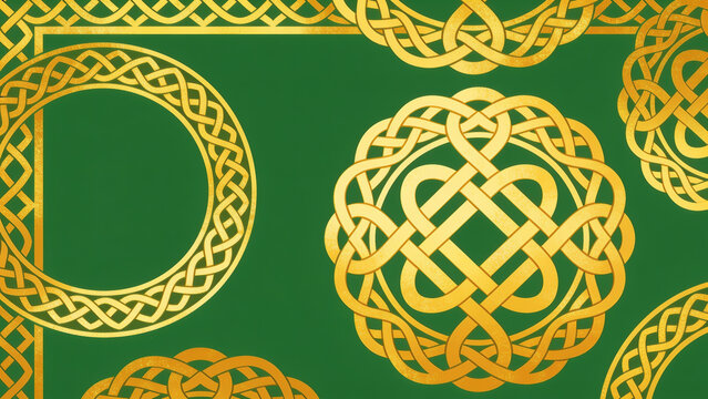 A St. Patrick's Day illustration, festive Celtic knot pattern in green and gold. Warm palette, flat illustration style