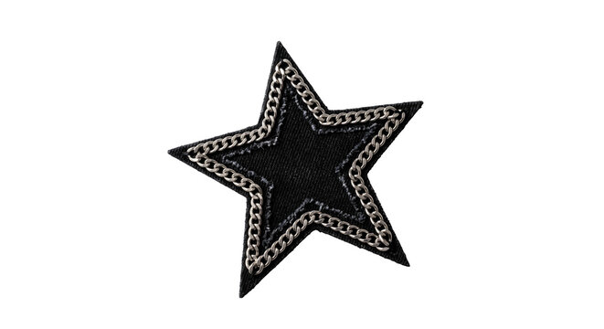 Black denim star patch with metallic silver chain trim for fashionable clothing apparel design.
