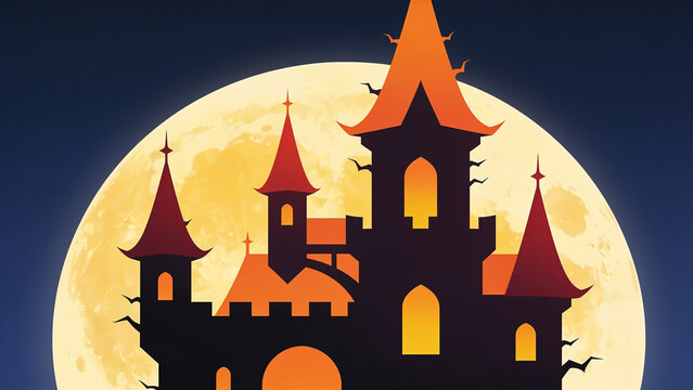 A festive Halloween scene illustration, spooky castle silhouette against a full moon. Warm palette, flat illustration style
