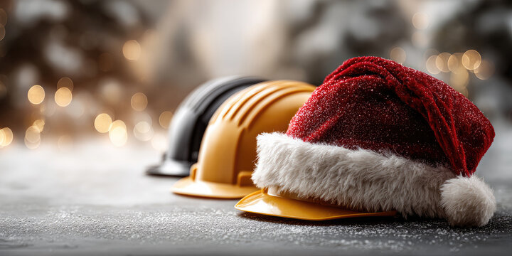 Red hard hat resting on frosted spruce branches with christmas ornaments, symbolizing holiday season for construction and industry workers, featuring copy space