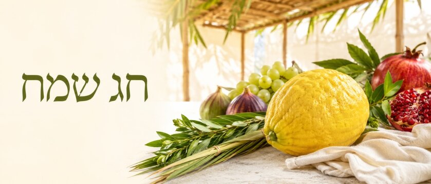 Sukkot holiday still life with etrog, lulav branches, grapes, figs, pomegranate and Hebrew greeting Chag Sameach, arranged on table inside bright sukkah with copy space for seasonal messaging