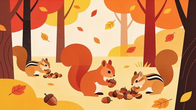 An autumn harvest illustration, woodland creatures gathering acorns in autumn colors. Warm palette, flat illustration style