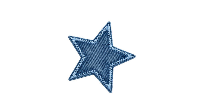 Blue denim fabric star patch with white zigzag stitching outline isolated on transparent background.