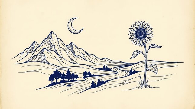 Minimalist line art mountains and sunflower landscape.