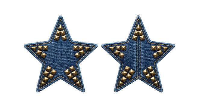 Blue denim star patches with gold studs, punk rock style embellishments for fashion design projects.