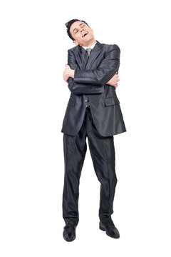 Dreamy businessman in formal wear embracing himself and feeling in love on transparent background