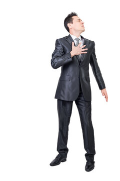 Comic male in formal clothes touching chest and feeling pain on transparent background