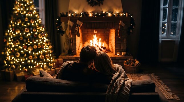Cozy christmas evening with a brightly lit tree and warm fireplace glow in a living room setting