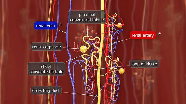 Kidney cross section showing cortex, medulla, pyramids, calyces, renal pelvis and blood vessels.