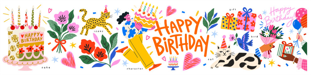 Fototapeta na wymiar Happy Birthday! Greeting card. Playful vector illustrations of a cheerful modern character, a birthday cake with candles, gifts, balloons, hands holding flowers, a cat, and party elements for icons