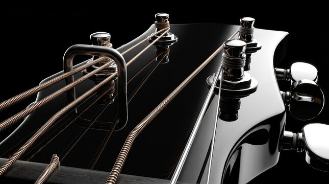 Close Up Macro View of Black Electric Bass Guitar Headstock with Shiny Metal Tuning Pegs and Strings
