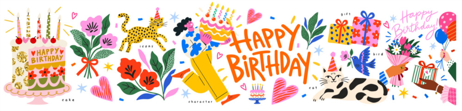 Happy Birthday! Greeting card. Playful vector illustrations of a cheerful modern character, a birthday cake with candles, gifts, balloons, hands holding flowers, a cat, and party elements  for icons