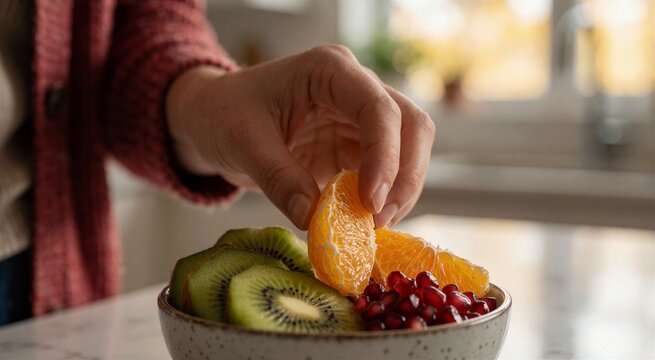Close-up of a hand picking an orange segment from a fruit bowl filled with kiwi and pomegranate for a holiday Christmas breakfast scene.