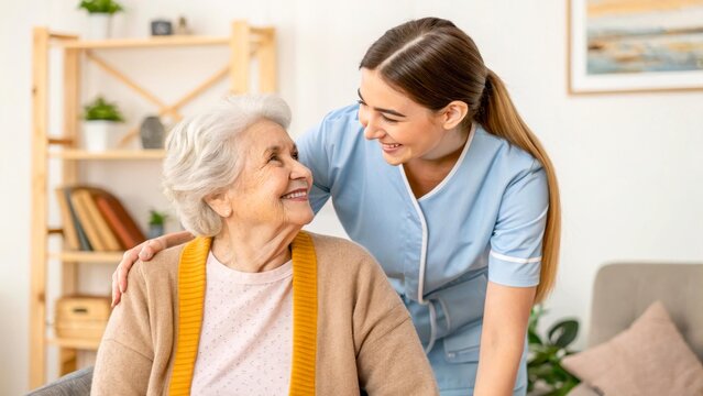 A young social worker helps a smiling elderly woman stand up from a sofa in a living room, senior care, caregiver support, home assistance.
