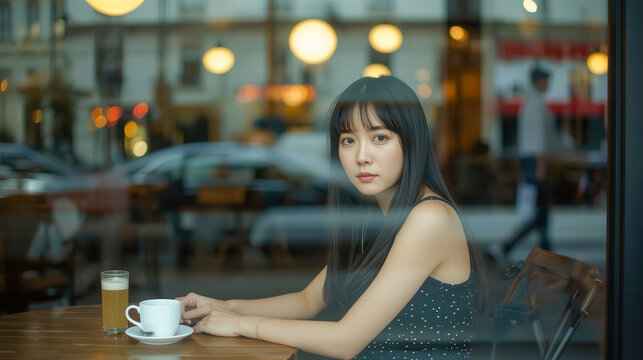 Cinematic portrait of a young woman looking thoughtfully out of a cafe window reflecting the city street. urban lifestyle, peaceful solitude, modern youth.