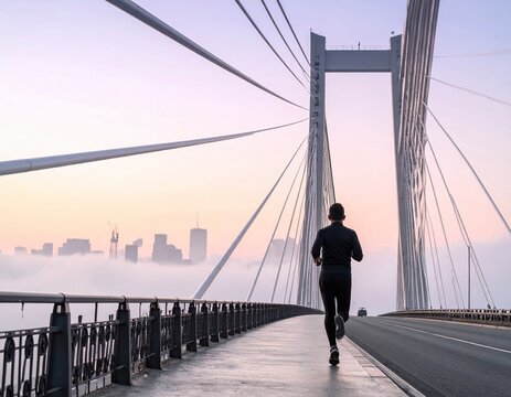 A determined man runs along a modern cable bridge at sunrise toward a foggy city skyline, inspiring athletic fitness, healthy living, and motivation in serene morning light.