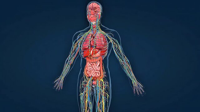 3D animation of the human urinary system showing kidneys, ureters, bladder and urethra.