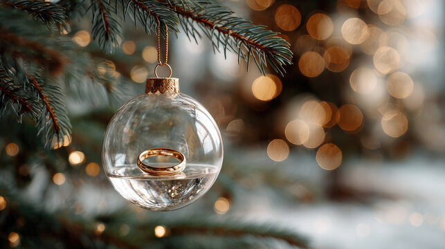 Clear glass christmas ornament hanging from a fir branch, encapsulating two golden wedding rings, symbolizing enduring love, commitment, and festive holiday proposals