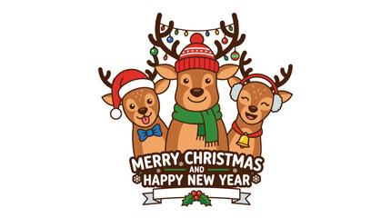 Fototapeta premium Cute cartoon reindeer family celebrating Christmas and New Year