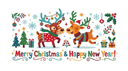 Naklejka premium Cute Reindeer Couple Celebrating Christmas and New Year