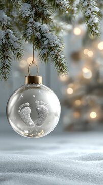 Clear christmas ornament hanging from a snowy pine branch. Containing baby footprints in a bed of sand. Symbolizing new life. Family memories. And celebrating a child's birth during the festive season