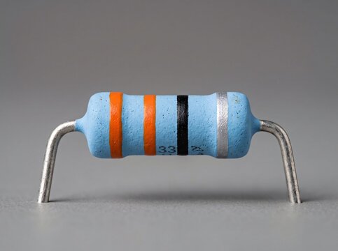 Single blue resistor with orange black and silver bands on gray background.